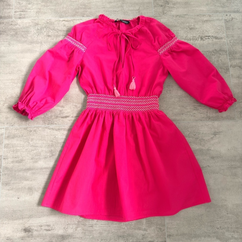 Zara Fuchsia Smocked Poplin Dress Contrast Embroidered Trim Pink Barbie Size XS - Picture 4 of 15